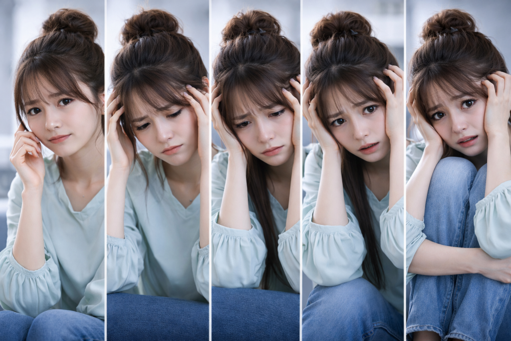 不安が軽度から重度へ段階的に強まる様子を表した女性の表情変化の画像