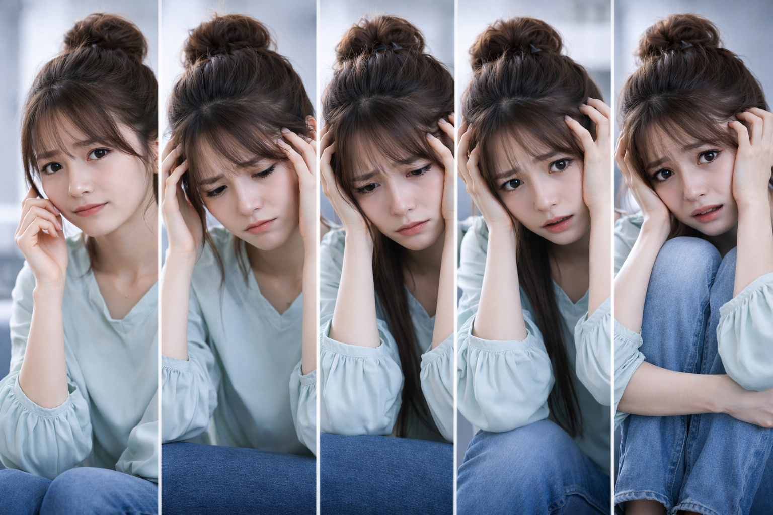 不安が軽度から重度へ段階的に強まる様子を表した女性の表情変化の画像